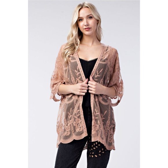 Honey Punch Tops - Embroidered Lace Kimono, Mocha
